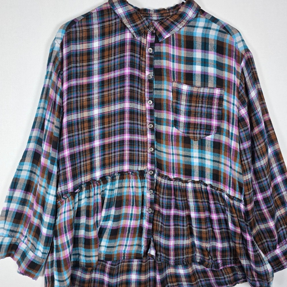 Vintage America Blues Patchwork Plaid Peplum Blouse Womens M Purple Blue Boho Co